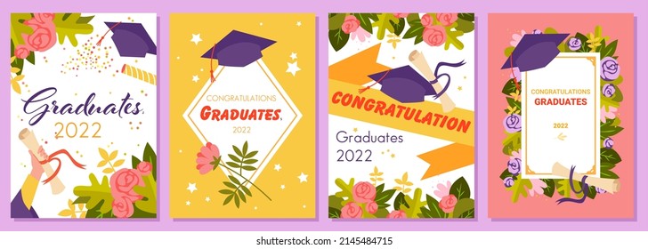 Set of celebrating graduation postcards. Student graduate school ceremony, bachelor degree diploma, academic hat, finish of university studies cartoon vector illustration