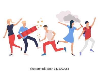 Set of celebrating people. Young men and women dancing and holding crackers. Holiday concept. Vector illustration can be used for topics like party, celebration, fun