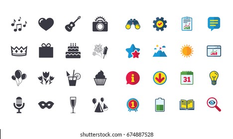 Set of Celebration, Birthday and Party icons. Fireworks, Air balloon and Champagne glass signs. Gift box, Cake and Photo camera symbols. Music and cocktails. Calendar, Report and Browser window signs