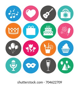 Set of Celebration, Birthday and Party icons. Fireworks, Air balloon and Champagne glass signs. Gift box, Cake and Photo camera symbols. Music and cocktails. Colored circle buttons with flat signs