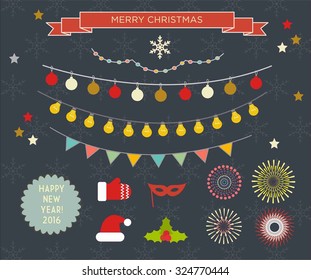 Set of celebration christmas and new year retro ribbons and labels. Vector flat illustration. Save the date. Greeting card. symbols, icons, objects and holidays wishes