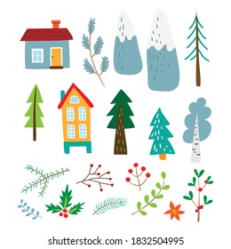 Set for celebration design. Cute childish Christmas illustration. Isolated vector illustration.