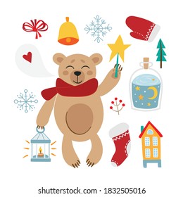 Set for celebration design. Cute childish Christmas illustration. Isolated vector illustration.