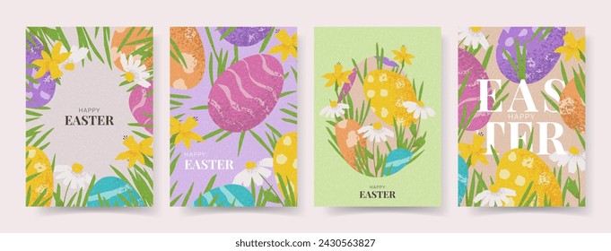 Set of celebration Easter posters. Creative Easter vector illustration with hand drawn eggs, flowers and grass. Contemporary flyers for design of party, celebration, ad, branding, cover, card, sale.