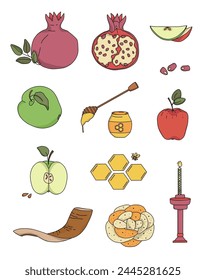 Set of celebration elements rosh hashana. Shofar, apples, honey and other elements. The Doodle style illustrations. 