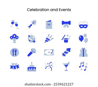 Set of Celebration and Events Related Icons. Contains such icons as disco ball, drinks, cake and more. Editable.