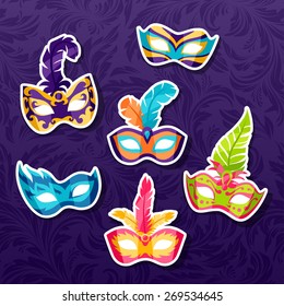 Set of celebration festival carnival masks stickers.