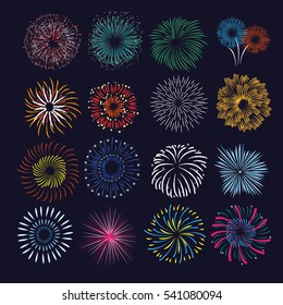 Set of celebration fireworks icons on dark sky background flat vector illustration