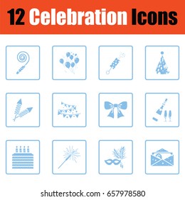 Set of celebration icons. Blue frame design. Vector illustration.