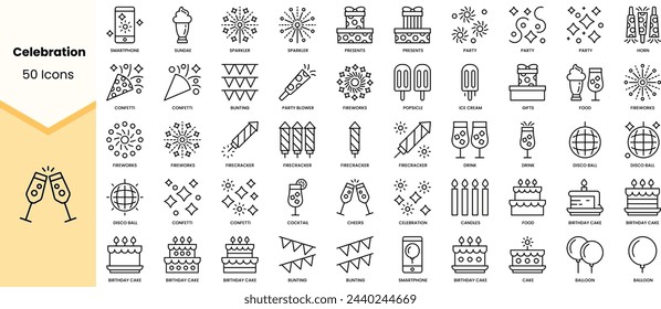 Set of celebration icons. Simple line art style icons pack. Vector illustration