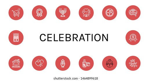 Set of celebration icons such as Love, Medal, Menorah, Heart, Pancake, Carnival mask, Smile, Cocktail, Sticky rice, Monkey, Silver medal , celebration