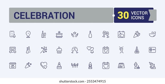 Set of Celebration line icons. Contains such icons as balloon, appreciate, balloons, anniversary, celebration and more. Thin outline icons pack. Editable vector illustration.