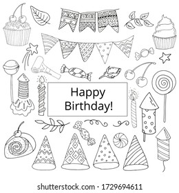 Zur Feier des Namenstages: Fahnen, Mützen, Sterne, Feuerwerk, Süßigkeiten, Kuchen, Kuchen. Herzlichen Glückwunsch zum Geburtstag! Farbbuch für einen glücklichen Urlaub.