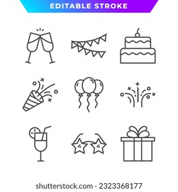 Set of Celebration and Party Outline Icon. Ballon, Birthday Cake, Wine, Beer, Confetti, and More. Editable Stroke. Vector Eps 10