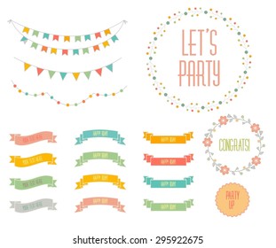 Set of  celebration retro ribbons and labels. Vector illustration.
Set Vector colorful circular floral wreaths with summer flowers and central white copyspace for your text. birthday card. 