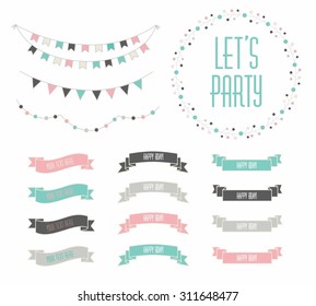 Set of celebration retro ribbons and labels. Vector illustration. Save the date. birthday card.