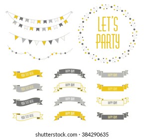 Set of celebration retro ribbons and labels. Vector illustration. Save the date. birthday card. new collection, retro yellow gray and black. Ribbon. Ribbon. Ribbon.Ribbon. Ribbon. Ribbon. Ribbon. 