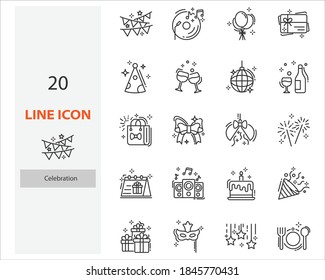 set of celebration thin line icons, party, congrats, birthday, festival