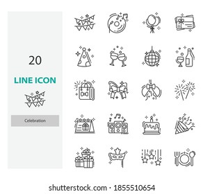 set of celebration thin line icons, birthday, new year, party, anniversary, congratulation