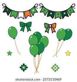 Set celebration of vector for St Patrick's Day Hand drawn isolated pictures on the white background flag Irish green bow coquette green balloon star flower items