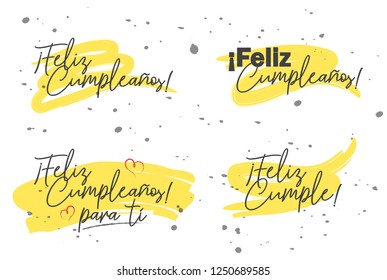 Set of celebratory labels birthday. Happy Birthday in spanish . Excellent gift holiday card. Fashionable calligraphy. Vector illustration on white background. Festive dots on the background.