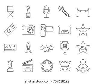 Set of celebrity Related Vector Line Icons. Includes such Icons as famous people, paparazzi, photography, hollywood, VIP, movie stars,  and etc.