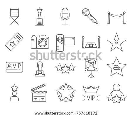 Set of celebrity Related Vector Line Icons. Includes such Icons as famous people, paparazzi, photography, hollywood, VIP, movie stars,  and etc.