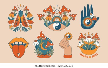 Juego de pinturas celestes abstractas con las manos, yin yang, ojo, polilla, luna, amanita, labios, bola de cristal. Arte psicodélico moderno. Ilustraciones hippie groovy esotéricas. Diseño plano. 60, 70.