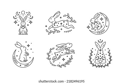 Set of celestial animal rabbits. Magic bunnies. Black outline magical rabbits, mystic crescent moon esoteric symbol, constellation elements. Vector rabbits for decoration. Celestial clipart. Year