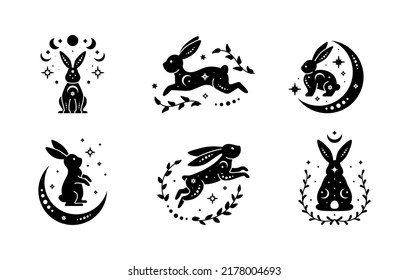 Set of celestial animal silhouettes of rabbit. Magic bunnies. Black magical bunny rabbits, mystic crescent moon esoteric symbol, constellation elements. Vector rabbits for decoration. Celestial 