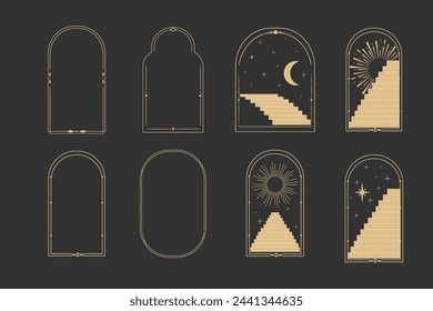 Set celestial arch window line frame, mystic with stairs, astrology symbols moon and sun, line border, minimal tattoo isolated. Esoteric spiritual icon.