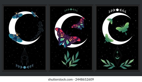 Set of celestial background with butterflies, stars and crescent moon. Space art posters with butterflies. Vector illustration