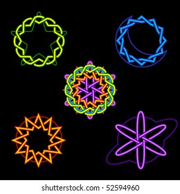 Set of celestial celtic patterns rendered in neon colors