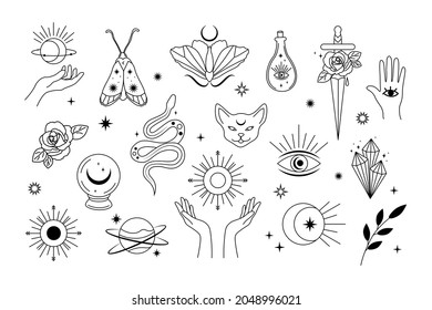 Set of celestial design elements. Moth, rose, sun, moon, snake, dagger, hand. Line art