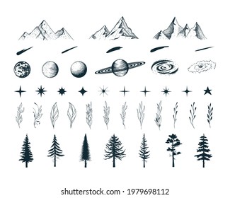 Set of  celestial elements. Trees, mountains, floral branches, stars, comets, moon and planets. Vector isolated decoration symbols.