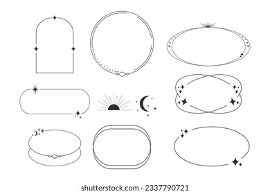 Set celestial frames, borders line art esoteric minimal decoration with sparkles isolated on wite background.