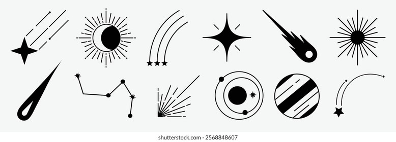 Set of celestial icons featuring stars, comets, and planets. Stars and comets in various designs. Planets and celestial bodies in black and white. Element vector collection.