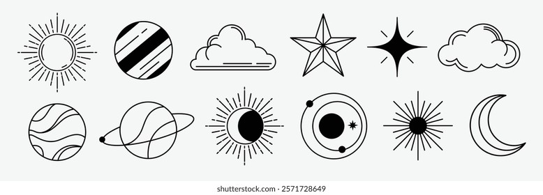 Set of celestial icons featuring sun, moon, stars, planets, and clouds. Simple, minimalist celestial designs. Black and white celestial symbols. Element vector collection.