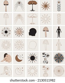 Set of Celestial Icons and Symbols with Sun,Woman,Mushroom,Tree, Human Face and Body Illustration.