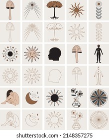 Set of Celestial Icons and Symbols with Sun,Woman,Mushroom,Tree, Human Face and Body Illustration.	