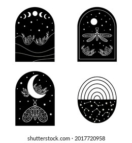 Set of celestial landscape decor elements. Vector illustration.