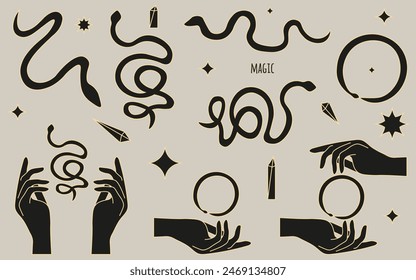 Set Celestial Linocut style vector 2025 Chinese Zodiac snake. Minimalism Woodcut serpent. Black simple Snake and hand. Editable stroke. EPS 10