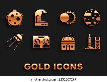 Set Celestial map of the night sky, Planet Mars, Rocket launch from spaceport, Astronomical observatory, Satellite, Eclipse sun,  and Astronaut helmet icon. Vector