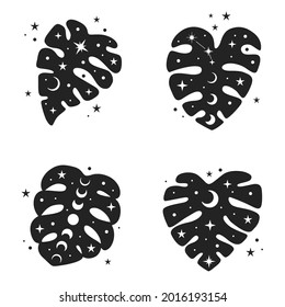 Set of Celestial Monstera leaves. Black tropical leaf clipart with moon phases. Modern illustration of exotic tropical plant. Black silhouette plant isolated on white background.