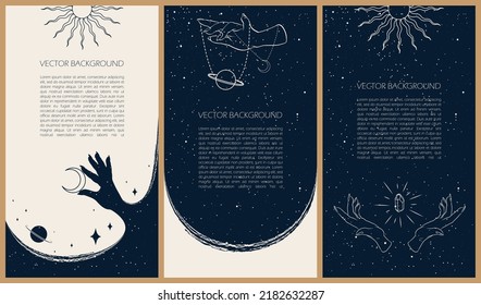 Set of celestial mysterious vector illustrations for stories templates, mobile app, landing page, web design, posters. Occult magic background for astrology, divination, tarot concept. Sun, moon, star