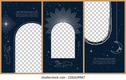 Set of celestial mysterious vector illustrations for stories templates, mobile app, landing page, web design, posters. Occult magic background for astrology, divination, tarot concept. Sun, moon, star