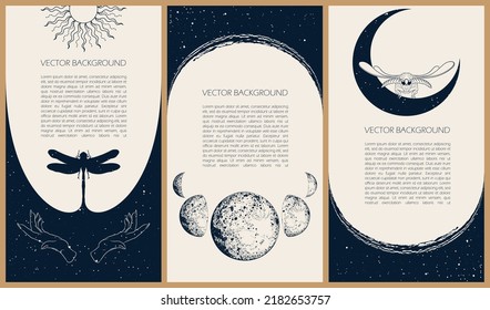 Set of celestial mysterious vector illustrations for stories templates, mobile app, landing page, web design, posters. Occult magic background for astrology, divination, tarot concept. Sun, moon, star