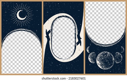 Set of celestial mysterious vector illustrations for stories templates, mobile app, landing page, web design, posters. Occult magic background for astrology, divination, tarot concept. Sun, moon, star