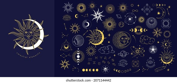 Set von Himmelsmystischen esoterischen magischen Elementen Sonne Mond und Wolken Unterschiedliche Stadien des Mondes, zodiale Zeichen. Alchemy Tattoo Objekt Logo Vorlage. Vektorgrafik