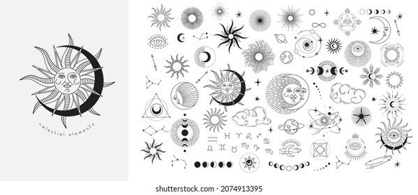 Set of celestial mystic esoteric magic elements sun moon and clouds Different stages of moon, zodiac Signs. Alchemy tattoo object logo template. Vector